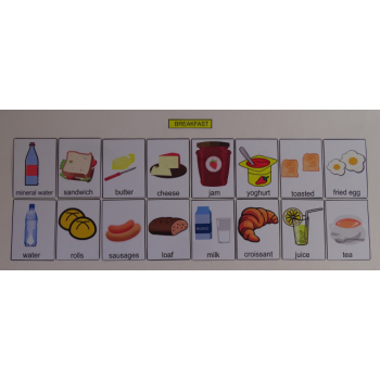 Duży zestaw kart edukacyjnych :Żywność / Śniadanie, Obiad, Podwieczorek, Owoce, Warzywa - wersja w j. angielskim