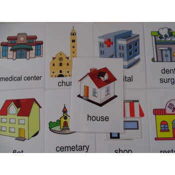 Budynki karty edukacyjne w języku angielskim