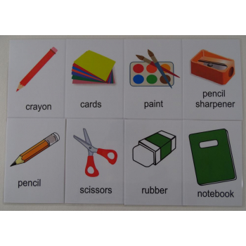 Przybory szkolne karty edukacyjne do nauki angielskiego