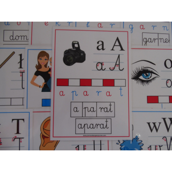 Alfabet obrazkowo-słowny - karty edukacyjne wersja 4 szkolna z kierunkiem pisania