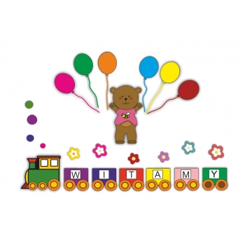 Dekoracja na powitanie - nowy rok przedszkolny (miś z balonikami i lokomotywa)
